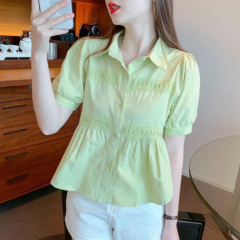 2025 New Summer Design, Chic and Elegant Shirt, Niche Collar, Puff Sleeves, Sweet Solid Color Shirt, Trendy