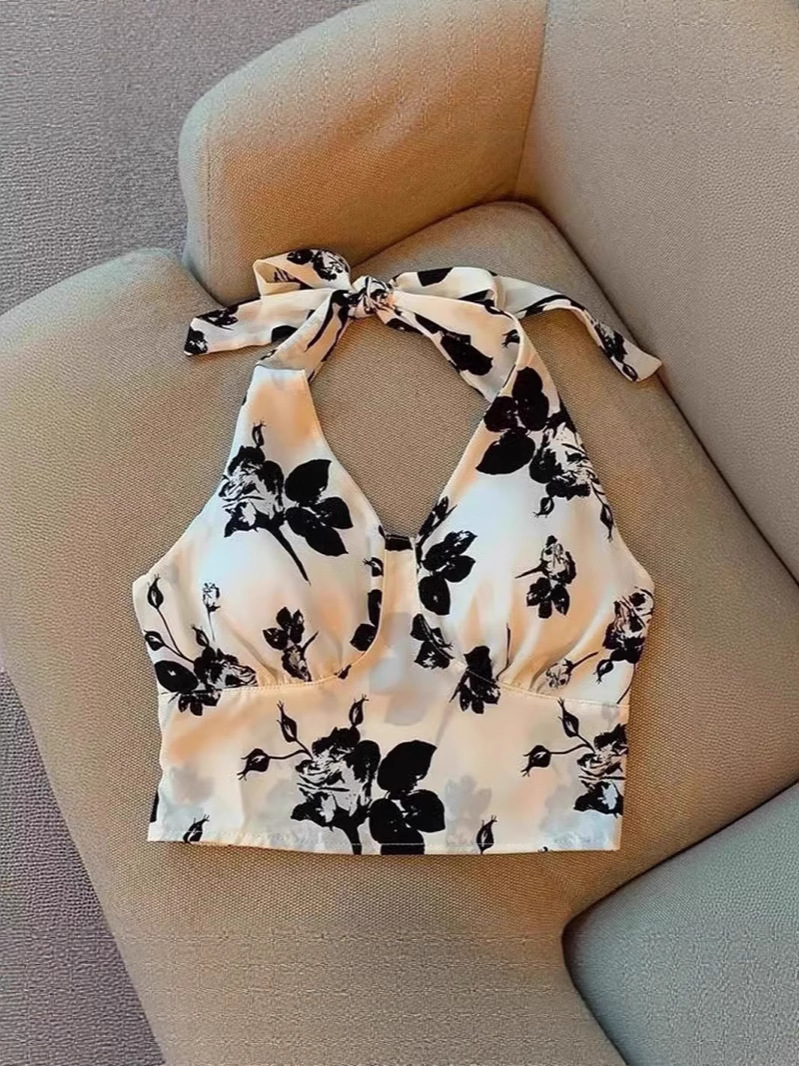 Floral Halter Neck Camisole for Women, New Summer Niche Sexy V-Neck Slimming Outerwear Backless Tie-Up Ins Top