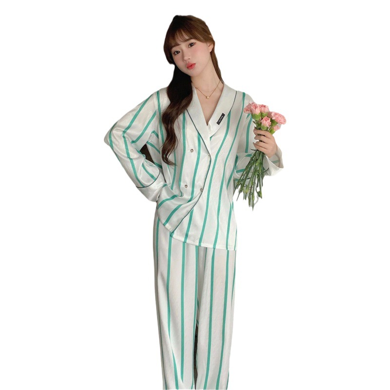 Summer Women's lapel pajamas Korean style ice silk striped high-grade long-sleeved trousers suit homewear can be worn outside
