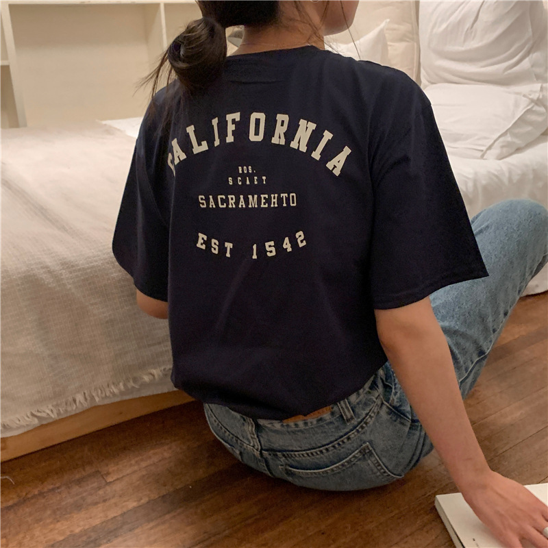 Cotton Printed Summer Loose Short-sleeved T-shirt Schoolgirl Letters Front and Back Printed Couple's INS Top Women's Top