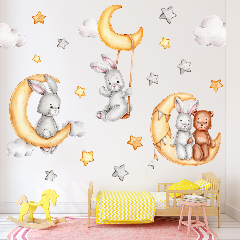 Factory supply new Bear rabbit moon stars white clouds wall stickers living room bedroom wall decorative painting KSY176