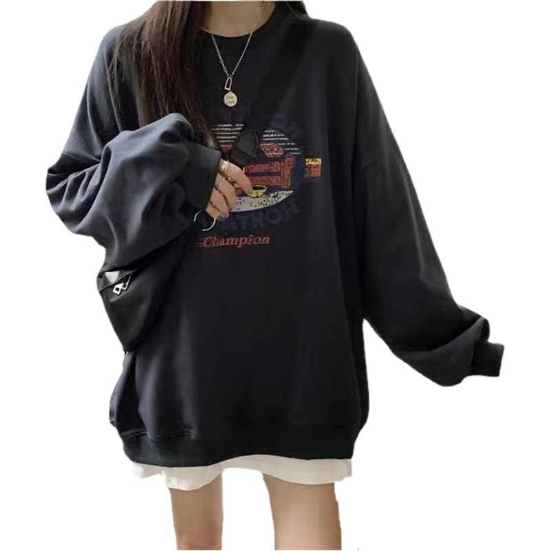 Picture of American Style Retro Printed Round Neck Sweater Women's Autumn Clothing Student Base Shirt Regular Casual Loose Top Thin Trendy