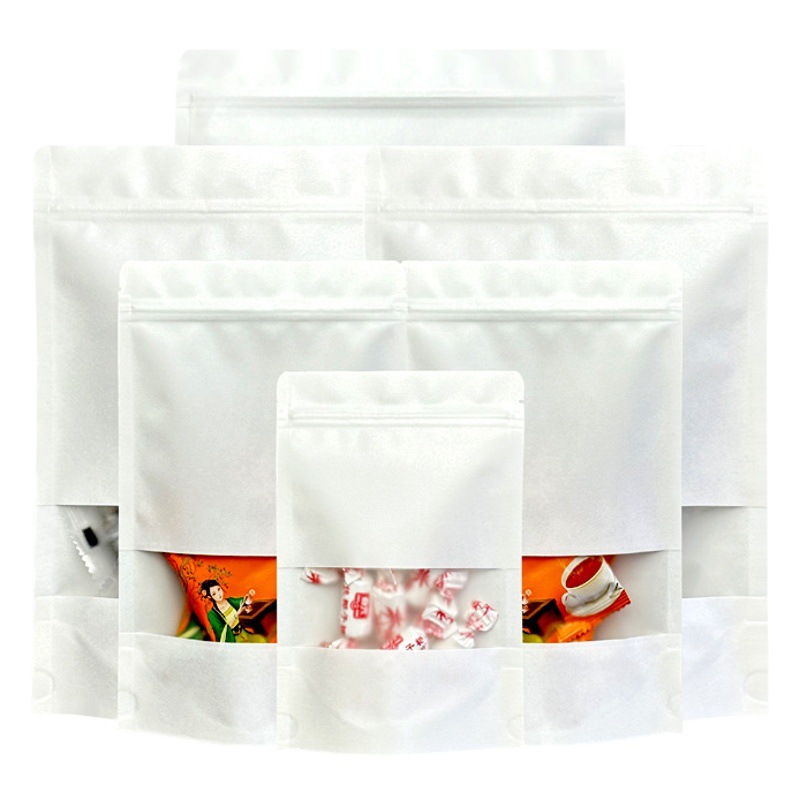 White Kraft paper bag frosted window food packaging bag Kraft paper self-standing self-sealing bag snack nut sealed bag