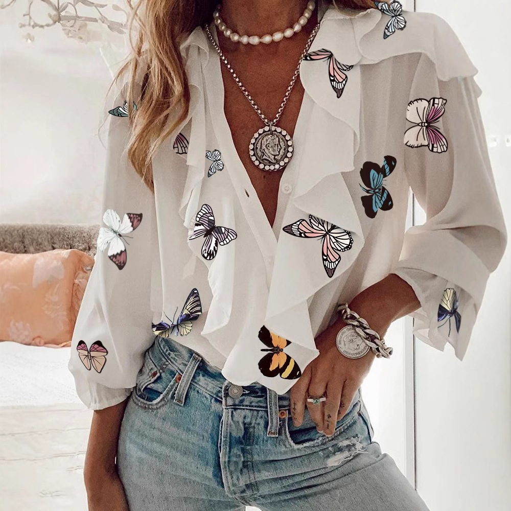 Picture of European and American shirt Amazon 2025 cross-border supply European and American women's chiffon shirt V-neck long sleeve top