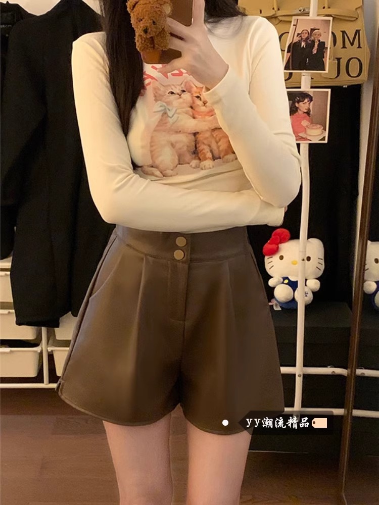 2024 Shorty Simple All-match Loose PU Leather Pants Casual Pants Women's Autumn and Winter New High Waist Straight Wide-leg Shorts
