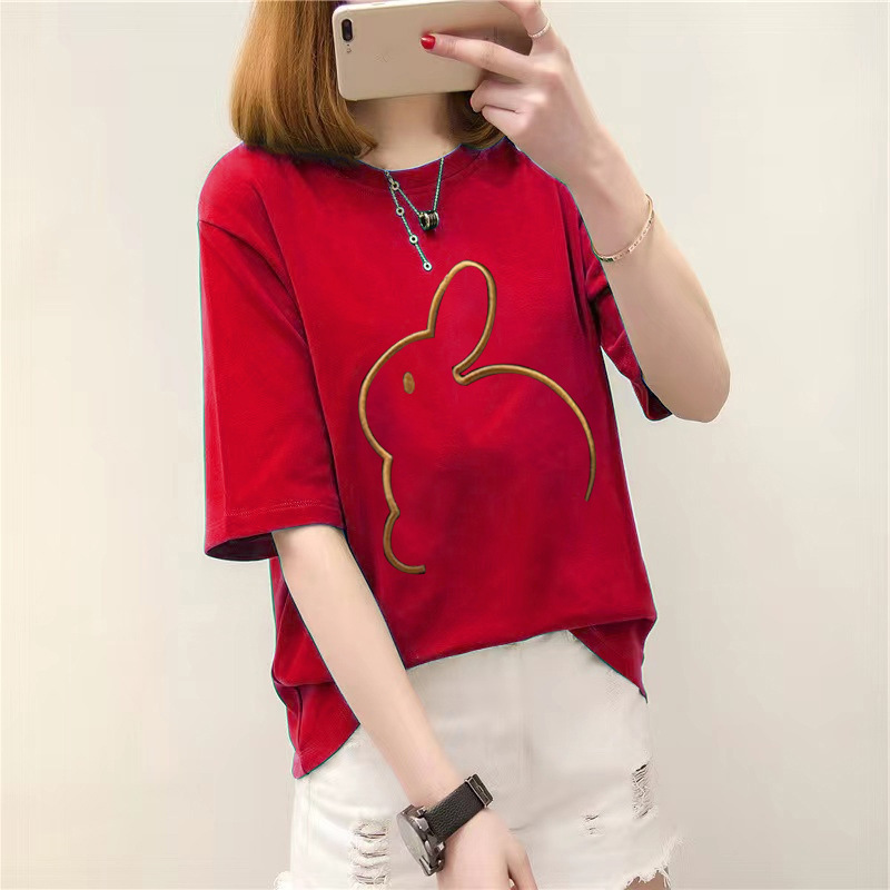 2025 New Year Year of the Rabbit Embroidered Korean Style Summer Clothes New Trendy Versatile Embroidered Tops Loose Short-Sleeved Versatile T-Shirts for Women