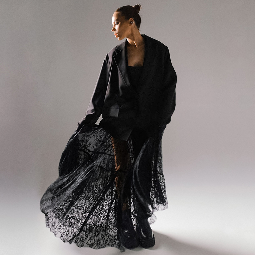 Picture of Sexy Lace See-Through High-Waist Commuter Black Skirt for Women Summer 2025 European and American Fashion Mesh Long Skirt Wholesale