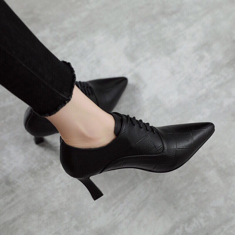Picture of Women's Shoes 2024 Spring New Deep Mouth Single Shoes Embossed Plaid Leather Pointed Toe Fashion British Style High Heel Ankle Boots
