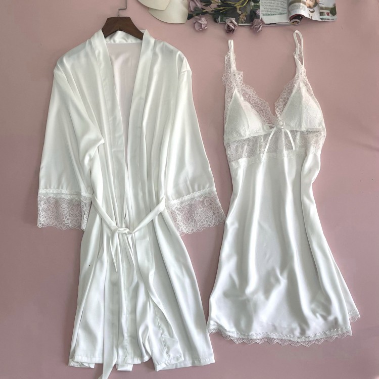 Sexy Ice Silk Sling Chest Pad Nightdress Two-piece Set Women's Xia Wei Secret Style Nightgown Set Silk Home Clothes Amazon