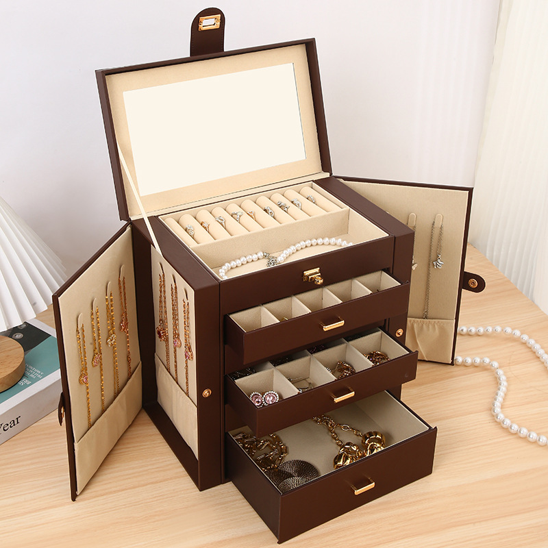 Large Capacity Jewelry Box 6 Layer Drawer with Mirror Multi-function Necklace Ring Jewelry Box Glasses Watch Storage Box