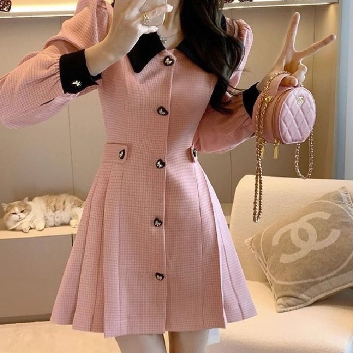 French Style Chanel Style dress Women's Pink Autumn New Arrival Small Waist Showing Early Spring New Arrival Commuter Skirt