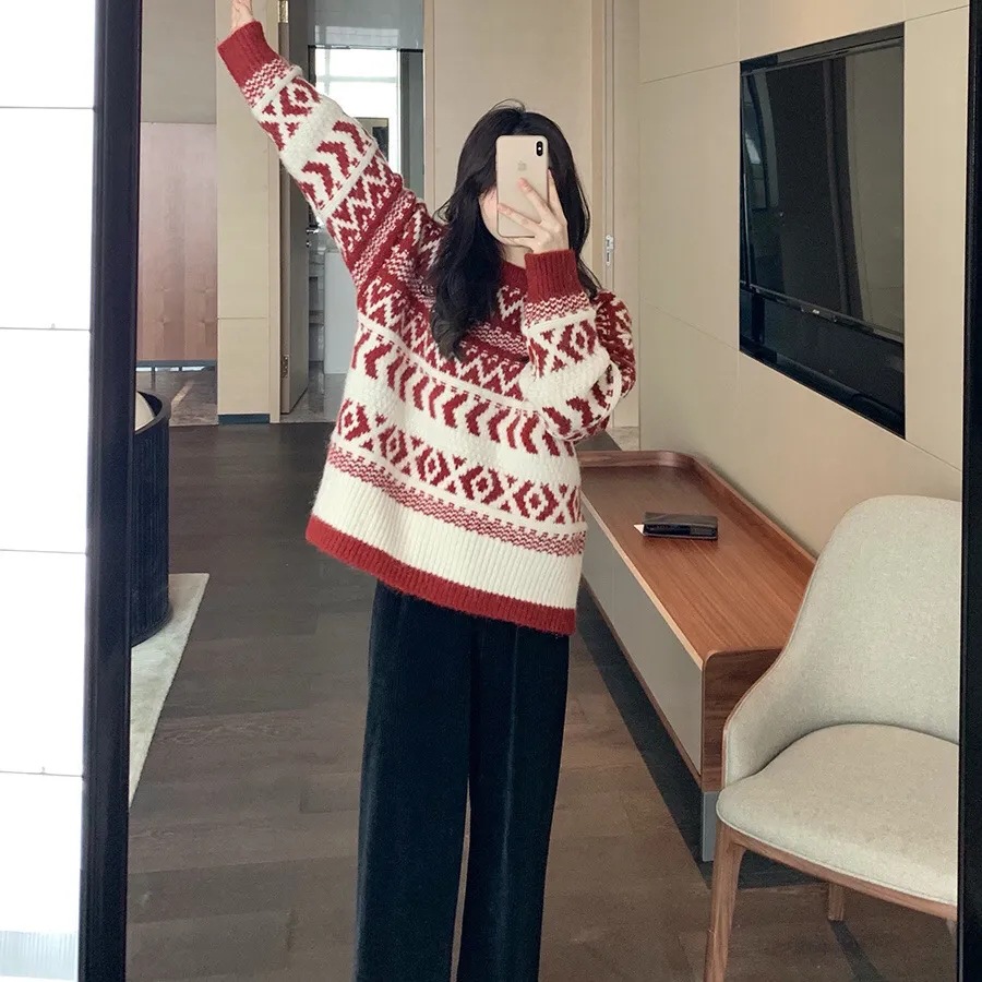 Picture of Factory Spring and Autumn New Women's Vintage Loose Casual Jacquard Ethnic Thick Geometric Pattern New Year Christmas Sweater