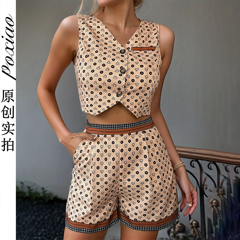 Cross-Border Amazon Summer Shorts Sleeveless Casual European and American Polka Dot Print Fashion Suit