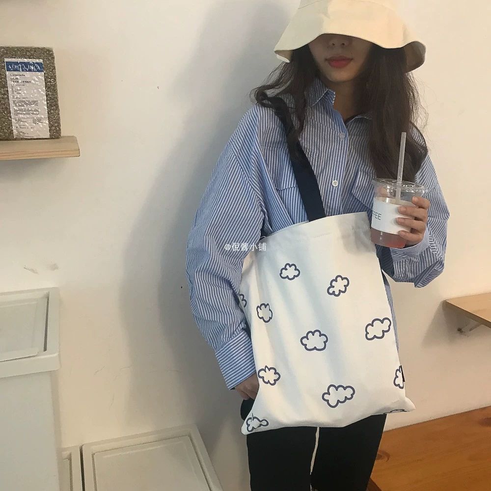 Picture of 2025 Korean Style Bag Love Wave Dot Canvas Bag Clouds Shoulder Bag Fashionable Simple Student Canvas Bag Crossbody Bag