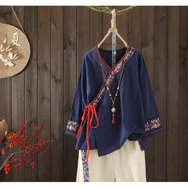 Women's Chinese Style Heavy Industry Embroidered Artistic Cotton Linen Loose Shirt Women's Cardigan Lace-up Spring and Summer Tea Clothes Top