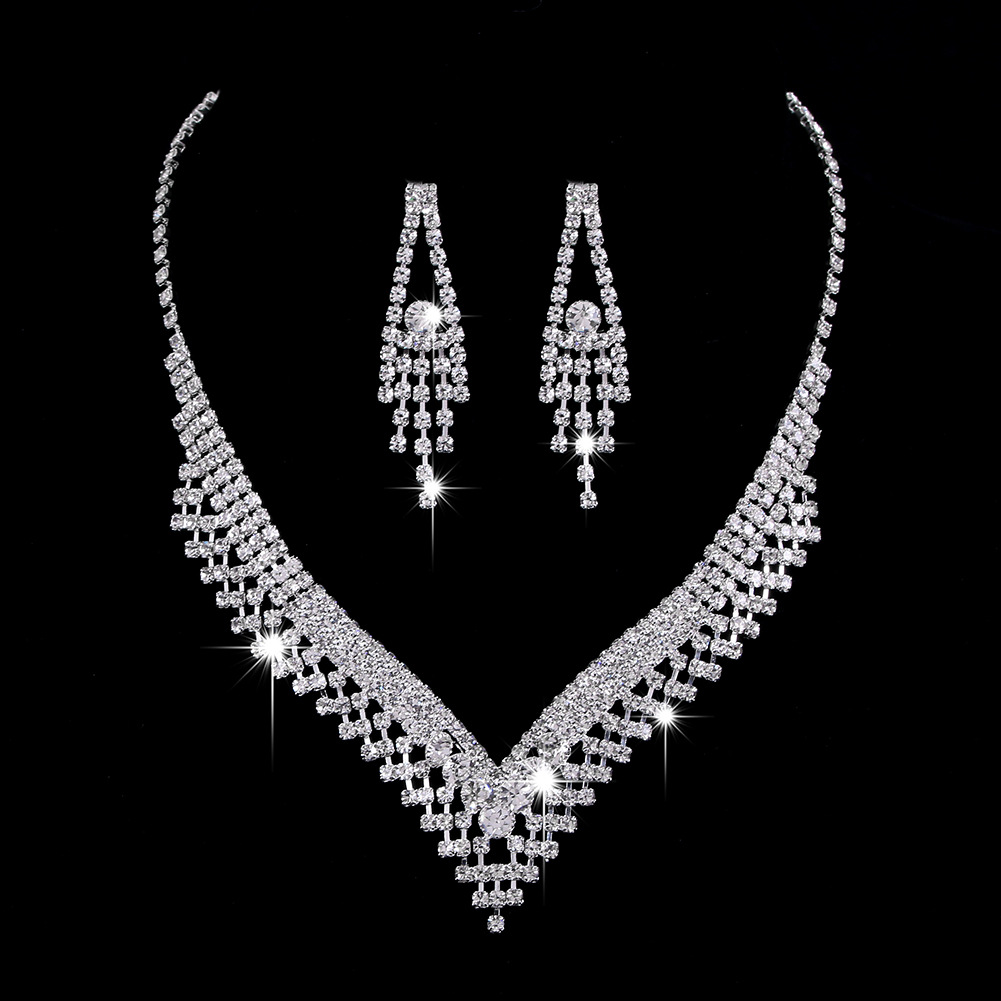 Picture of Brilliant diamond zircon water drop necklace earrings bride wedding jewelry shooting jewelry set wholesale