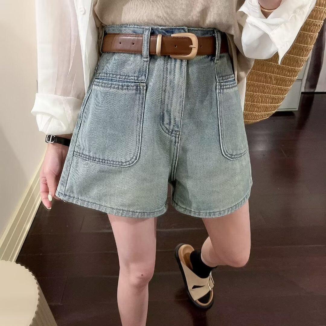 American Retro High Waist Denim Shorts Women's Summer 2024 New Style Small Stretch A- shaped Wide Leg Hot Pants Trendy