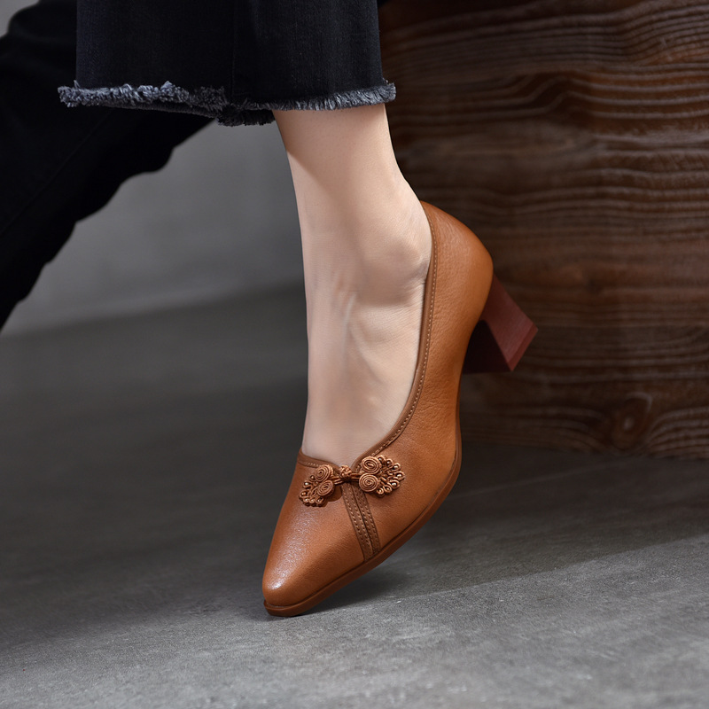[9.9kg Pairs, Available] Shoes, Pointed Toe High Heels, Shallow Mouth, Genuine Leather, Thick Heels, Buckles and Cheongsam Shoes