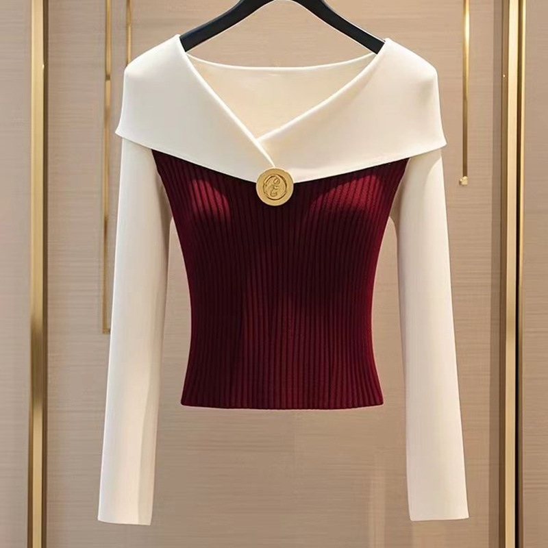 Picture of Korean Chic Burgundy Knitted Sweater for Women 2025 Autumn and Winter New Style Foreign Style and Chic Inner Bottoming Top