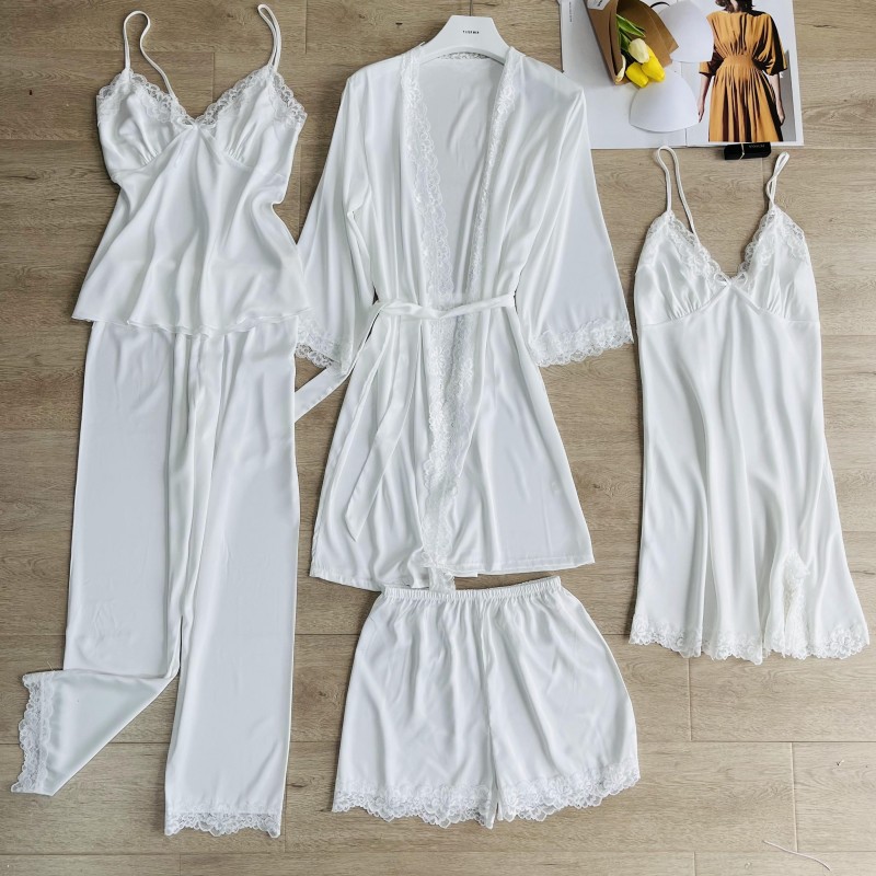 2022 new net popular spring summer autumn five-piece Ice Silk pajamas ladies long sleeve trousers nightgown can be a generation of hair