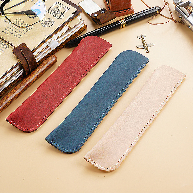 New Retro Handmade Cowhide Creative Gift Pen Leather Case Pen Box Cowhide Simple Pencil Case Protective Cover in Stock
