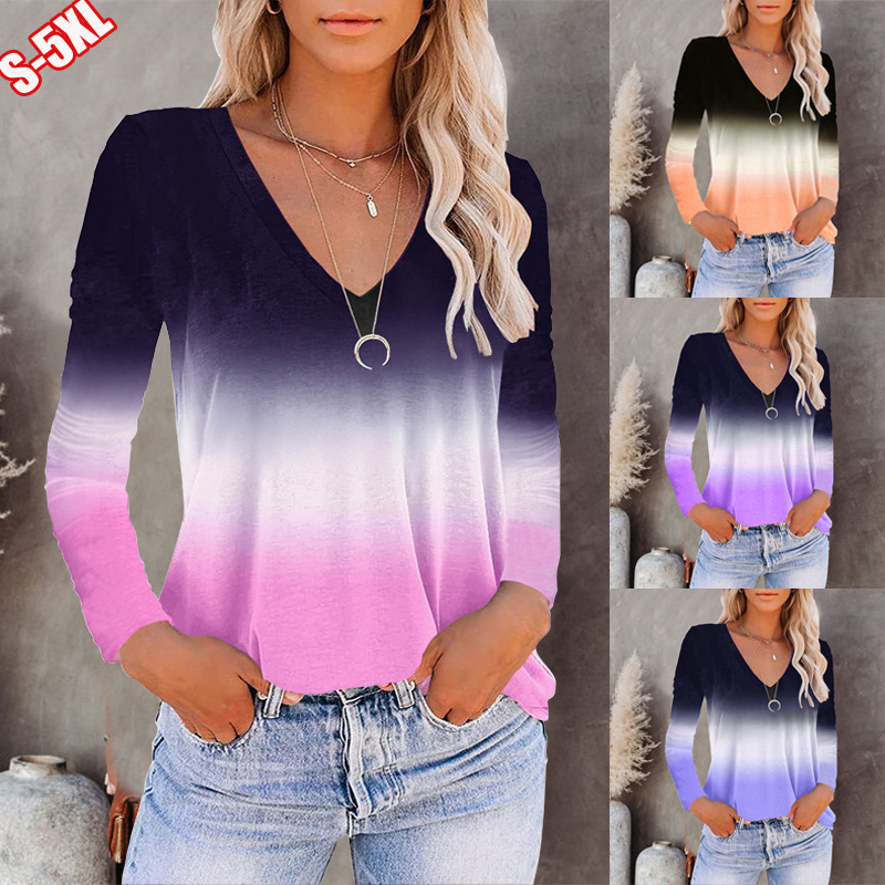 Amazon Wish Autumn and Winter European and American Cross-Border Export New V Neck Long-Sleeved Women's T-Shirt Clearance