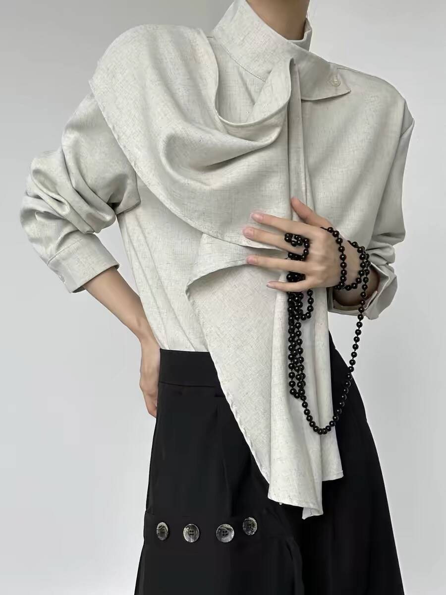 Retro high-end streamer scarf shirt women's spring 2025 new French stand-up collar design neutral style shirt