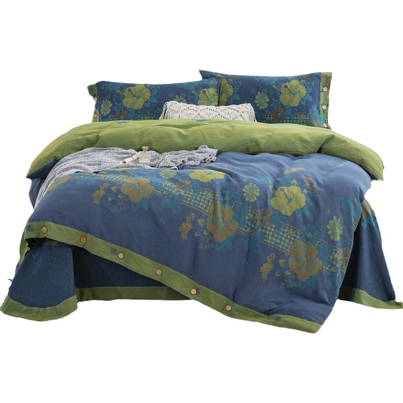 Four Seasons Simple Bed Cotton Double-layer Yarn Four-piece Set Class A Cotton Wedding Products Naked Sleeping Autumn and Winter Bed Sheet Quilt Cover