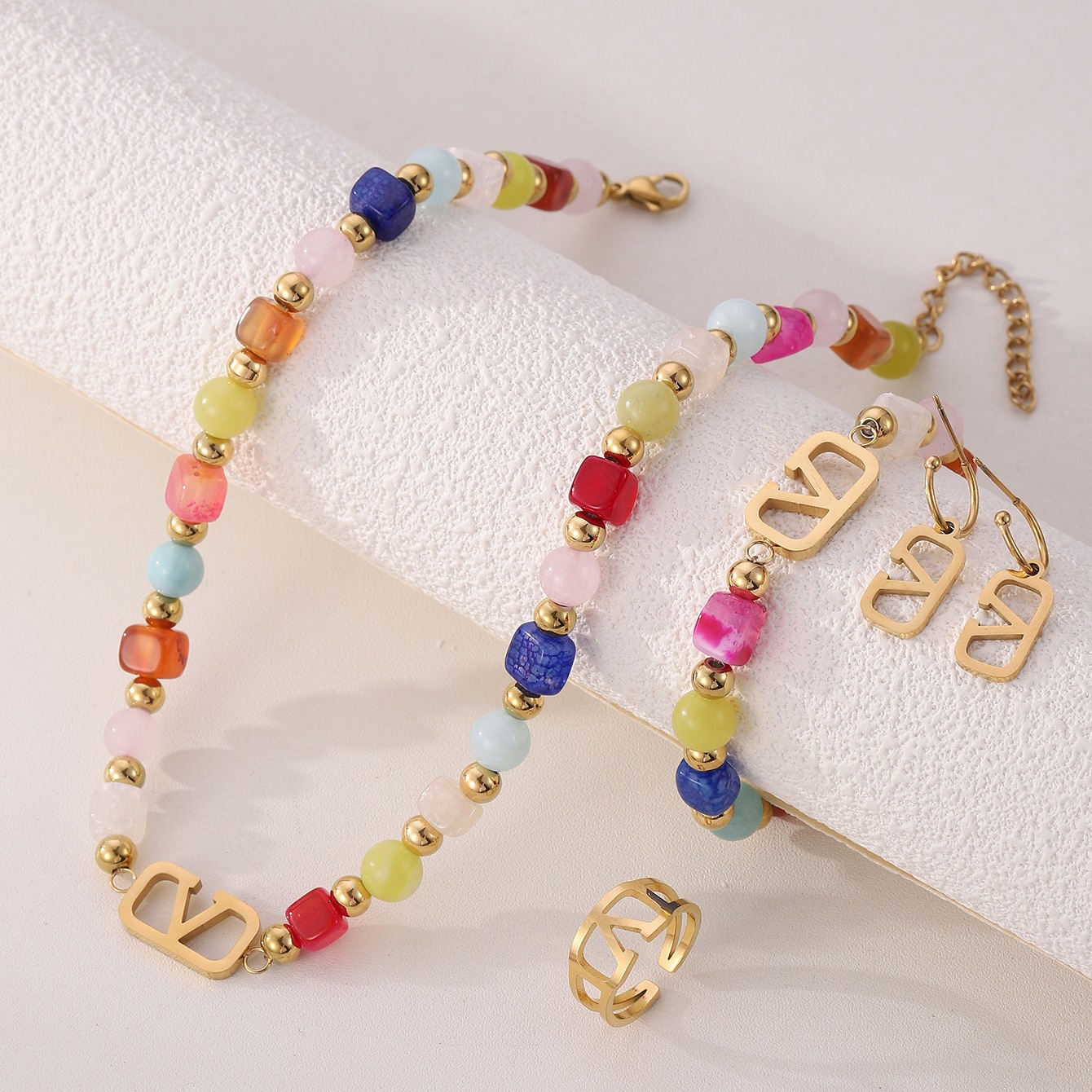 Foreign Trade Jewelry Bohemian Color Beads Titanium Steel Necklace Earrings Ring Bracelet Women Jewelry suit Wholesale
