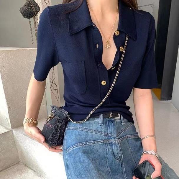 Cross-border Knitted Short-sleeved T-shirt Women's Summer Chic Unique High-end Sense Design Sense Niche Polo Shirt Elegant Top