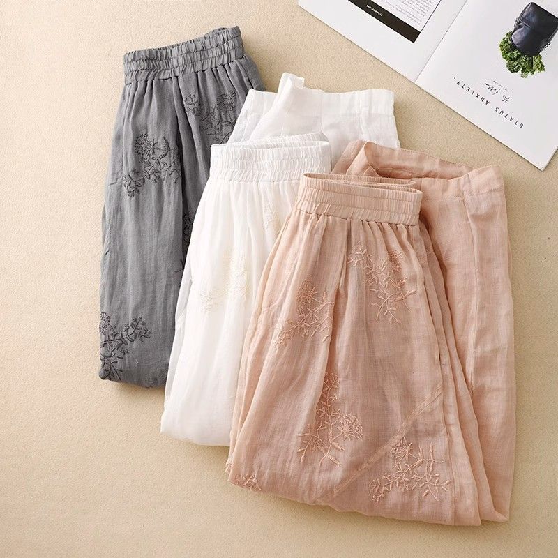 Cotton and Linen Artistic Harem Pants Women's 2025 Summer New Retro Embroidered Lightweight Breathable Elastic Waist Lantern Pants Trendy