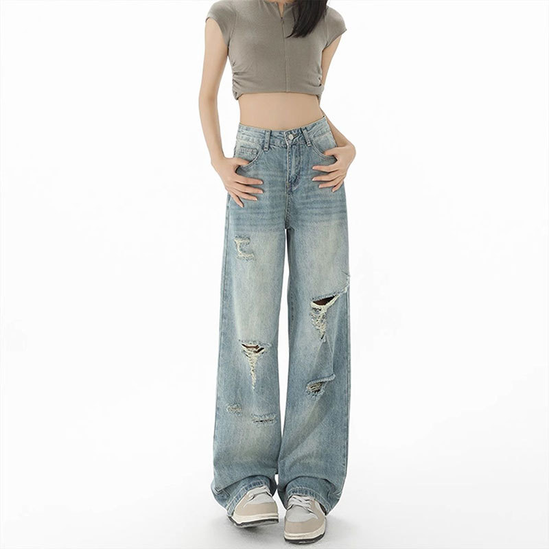 Loose High-Waisted American-Style Ripped Wide-Leg Jeans for Women 2025 Summer Thin Retro Hip-Covering Slimming Straight Pants
