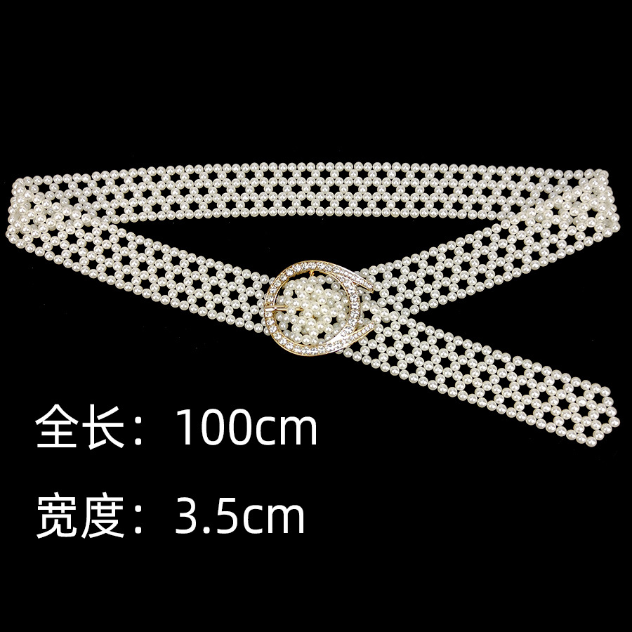 Picture of Fashion Sweet Elegant String Pearl Belt Elastic Wide Diamond Waist Seal European and American Retro Dress Decorative Belt for Women