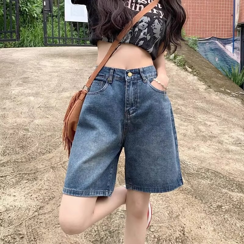 Vintage dark blue High Waist Jeans Women's Summer Small Casual Straight Pants Shorty Pants Loose Wide Leg Shorts