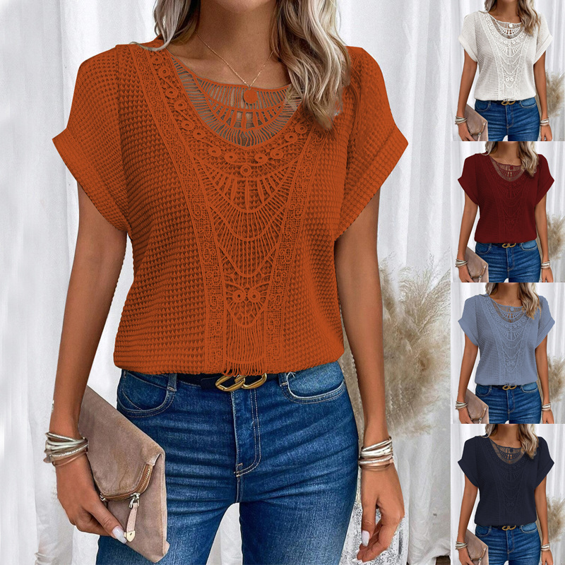 Picture of 2024 Amazon European and American spring and summer new independent stand lace stitching short-sleeved T-shirt in stock cross-border women's clothing