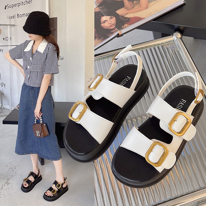 Women's thick-soled belt buckle sandals new summer buckle soft bottom women's Roman metal buckle foreign trade beach sandals for women