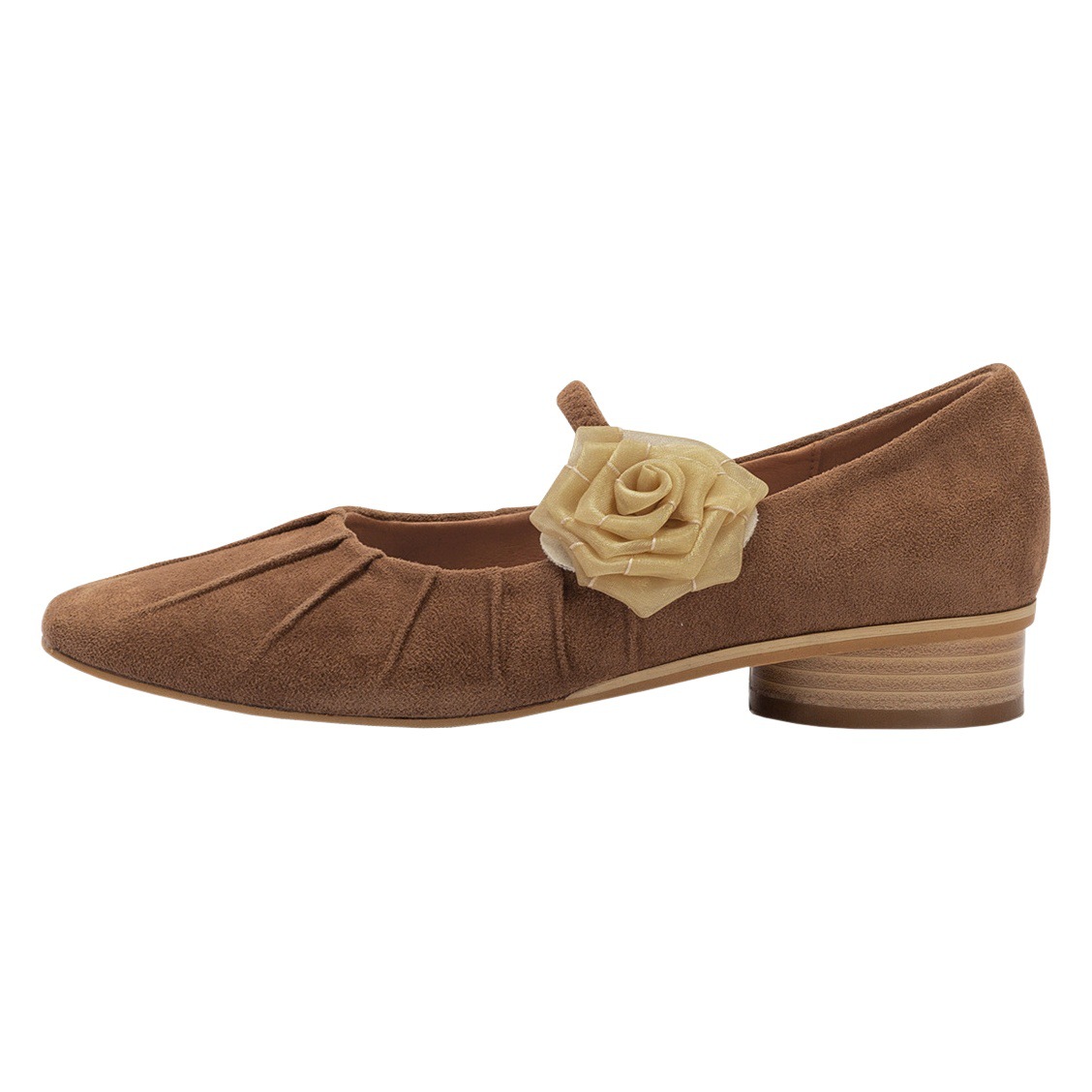 Chinoiserie Flower Pleated Flats Square Toe Shallow Mouth Retro 2025 Spring and Summer Suede Mary Jane Women's Shoes Maillard