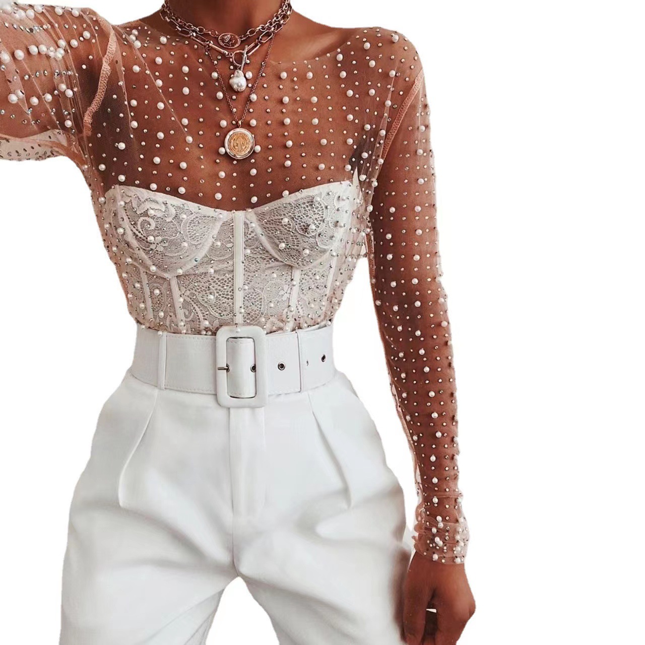 Picture of 2023 AliExpress Amazon spring and summer new hot rhinestone Pearl top elastic round neck mesh slimming heavy work transparent