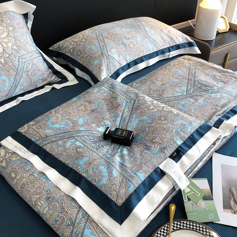 European-style Retro Printed Tencel Brocade Summer Cool Quilt Four-piece Set Cool-feeling Silky Air-conditioning Quilt High-end Simple Thin Quilt