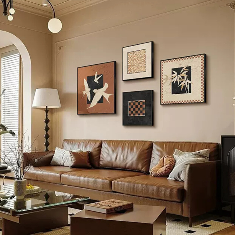 French style retro Maillard living room combination decorative painting abstract sofa background wall hanging painting niche art