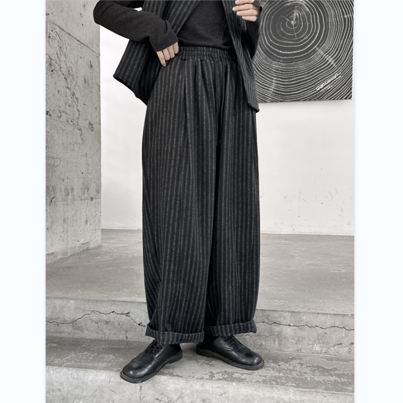 Autumn and winter New thickened striped woolen casual pants women's loose straight pants high waist slimming British Hong Kong style mopping pants
