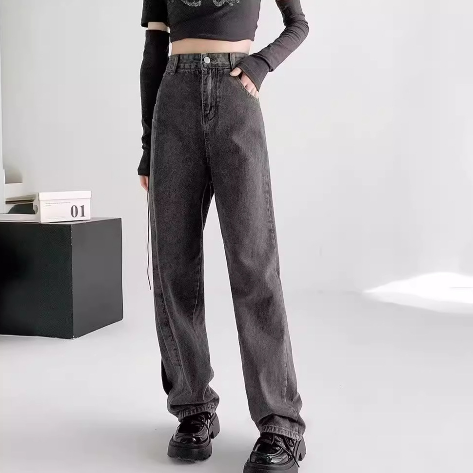 Hong Kong Style Fashion High Waist Slimming Straight Jeans Women's Summer 2024 New Fashion Casual Wide Leg Long Pants