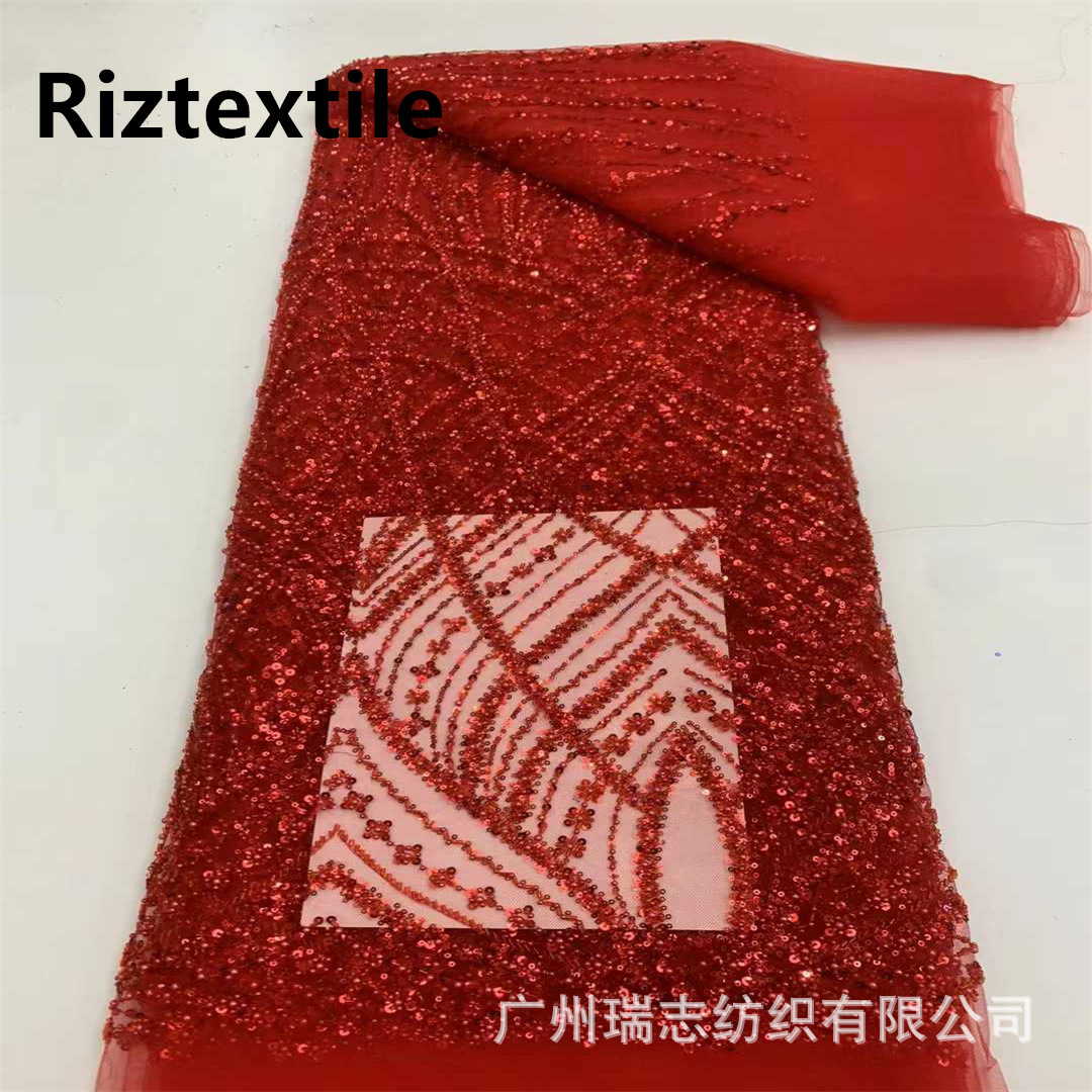 Picture of Chain line flower bead embroidery fabric European and American stereo sequins embroidery dress lace French lace