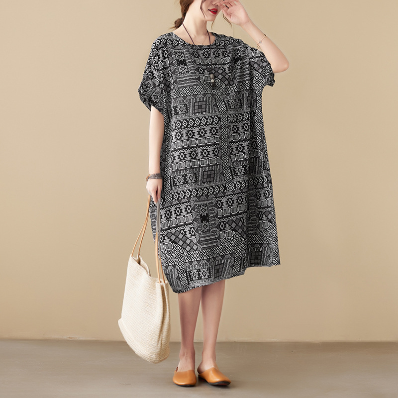 Thin summer women's clothing chubby girl plus size round neck pullover short sleeve fashion over the knee midi dress printed loose dress