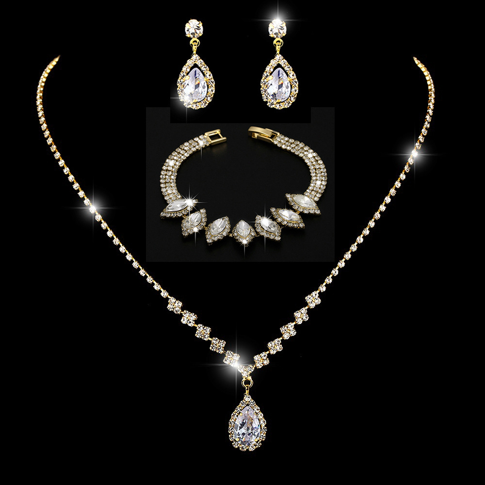 Picture of Brilliant diamond zircon water drop necklace earrings bride wedding jewelry shooting jewelry set wholesale