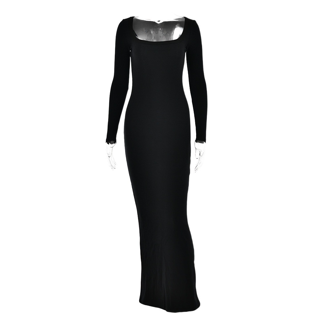 Amazon cross-border autumn and winter 2023 new sexy solid color knitted square collar long sleeve hip slim long dress