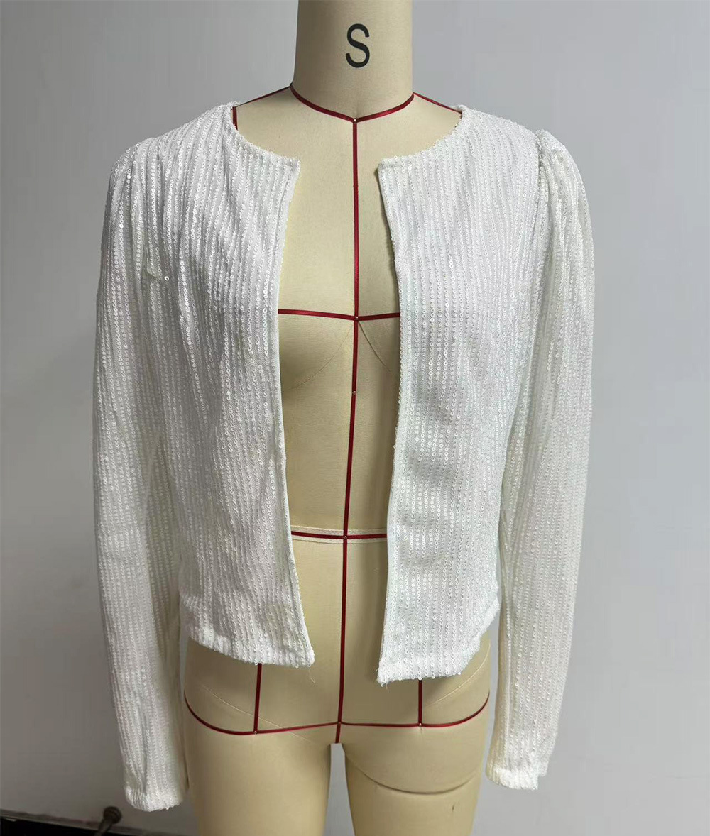 Picture of 2025 Cross-Border Women's Spring European and American Fashion Round Neck Pure Color Sequined Short Outwear Casual Versatile Small Outwear