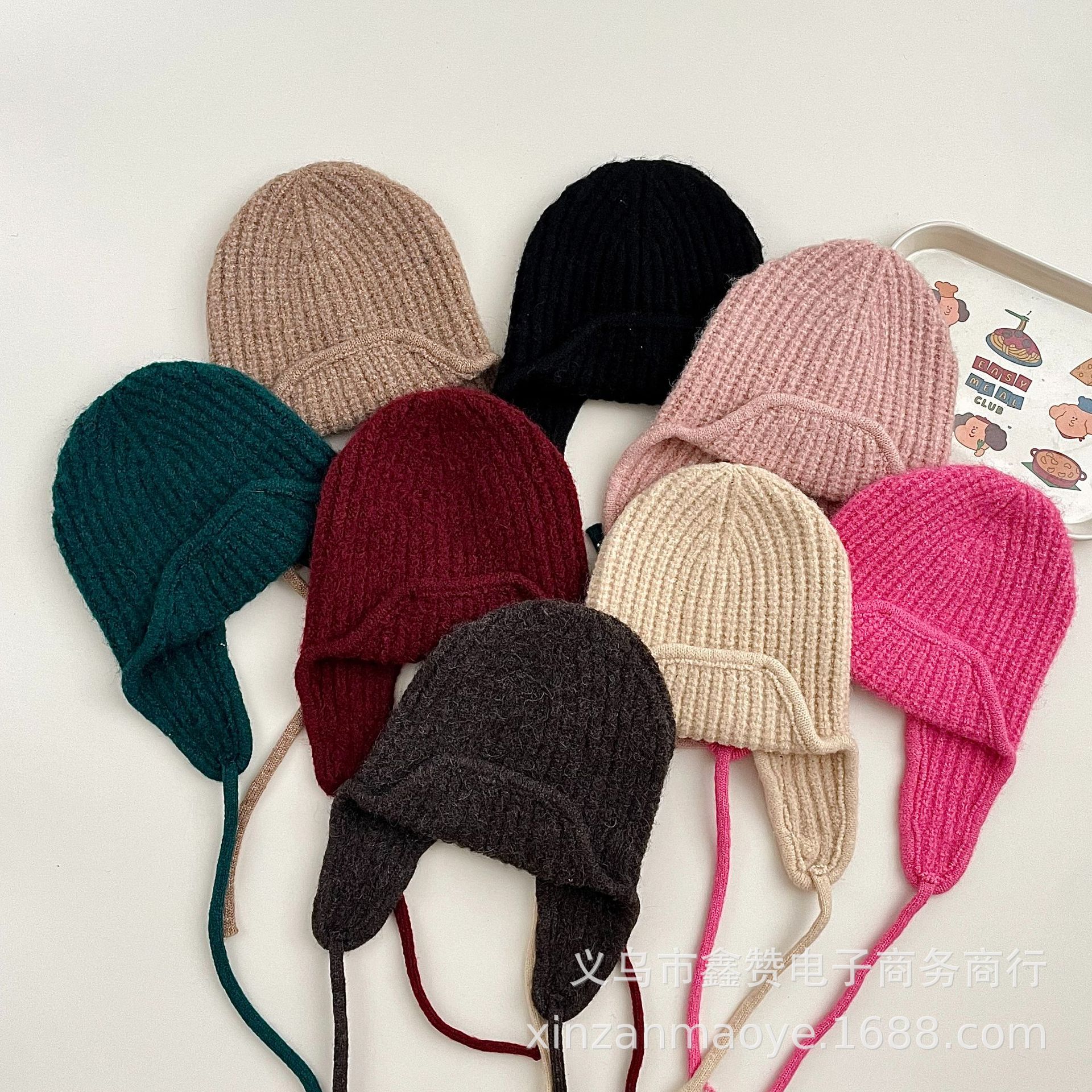 Korean children's knitted hat earmuffs autumn and winter solid color strap warm hat baby winter wear wool hat