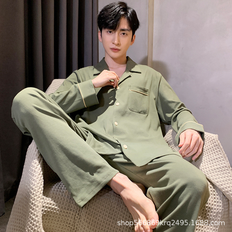 Picture of [Cloud Sense Sleeping] Spring and Summer Thin Men's Pajamas Men's Lapel Long Sleeve Casual Outer Wearing Home Clothes One suit