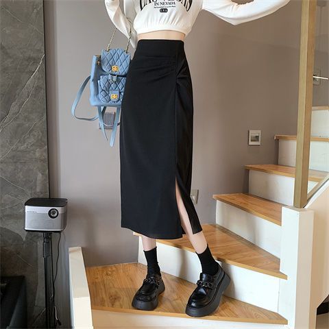 Summer Popular Large Size Chubby Girl Black Skirt Women's High Waist Slimming Mid-length Pleated Split A- Line Hip Skirt